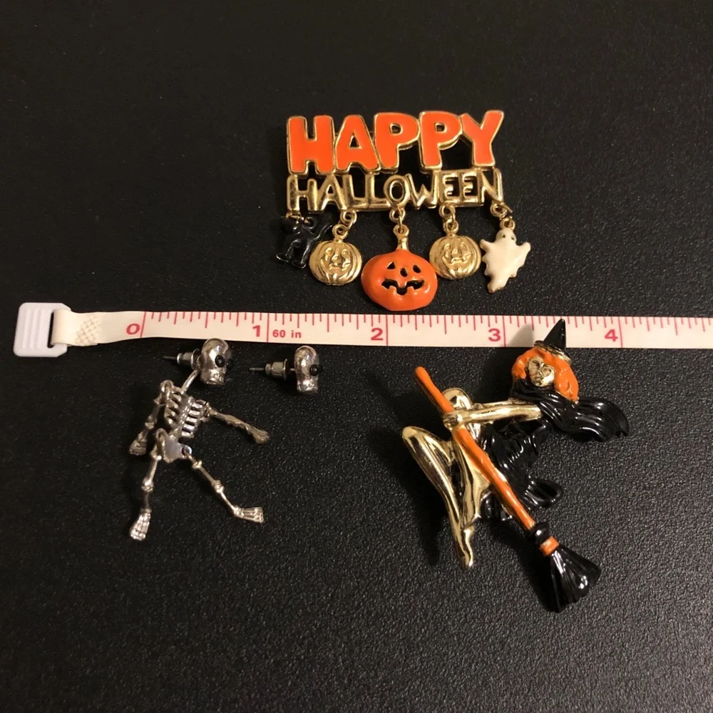 Halloween Pin Set - Happy Halloween, Witch & Skeleton